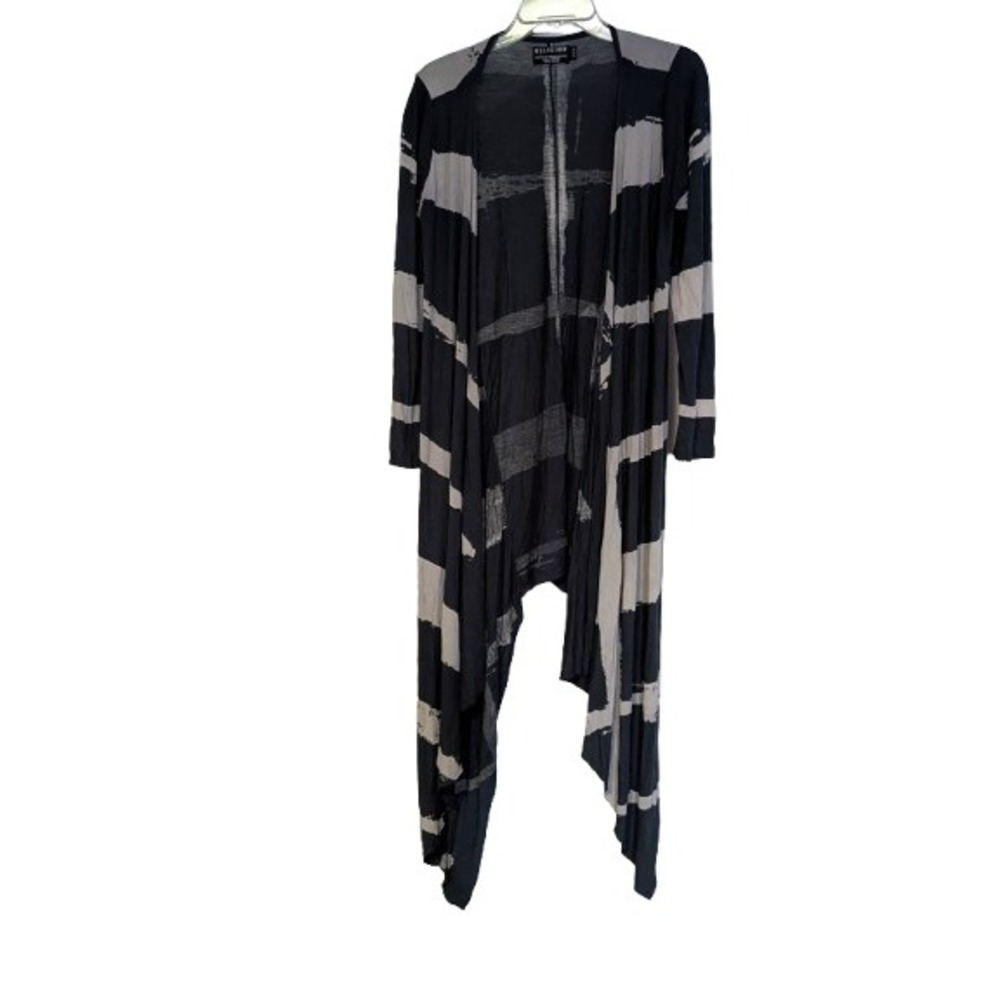Religion Striped Longline Cardigan Open Front Duster Rayon Knit Gray Black S - Picture 2 of 11